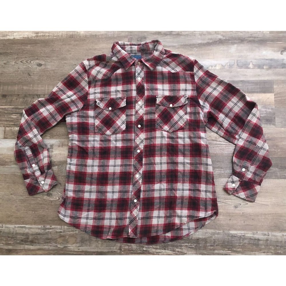 Jackson Hole Mens Large Red & Gray Plaid Pearl Snap Flannel Shirt